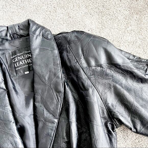 Vintage 80s 90s Italian Stone Design Genuine Leather Patchwork Trench Coat - Picture 7 of 16